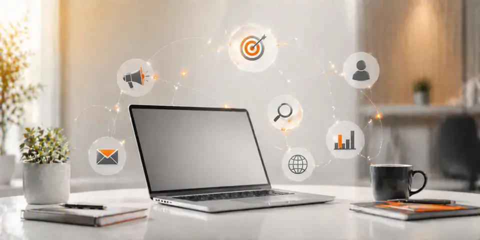 modern laptop workspace showing digital marketing analytics and consulting growth strategy dashboard