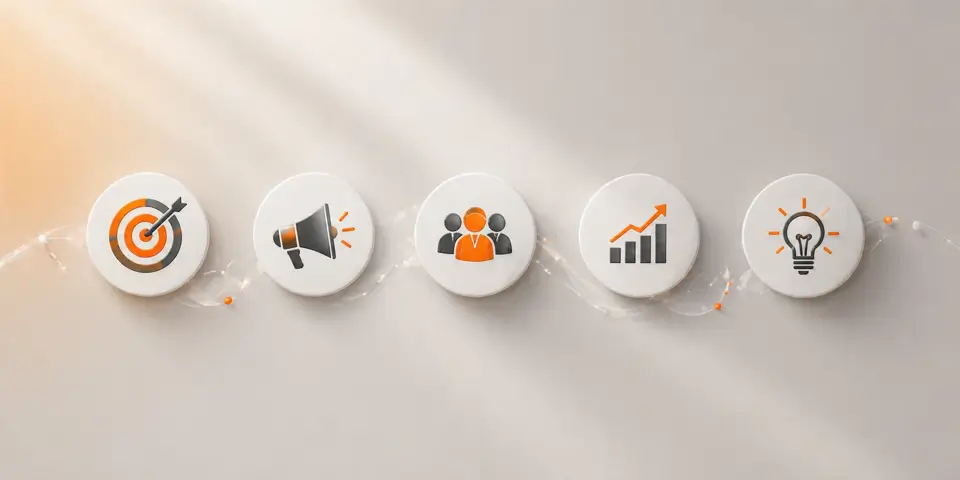 minimal abstract digital marketing icons representing consulting growth strategy and business acceleration