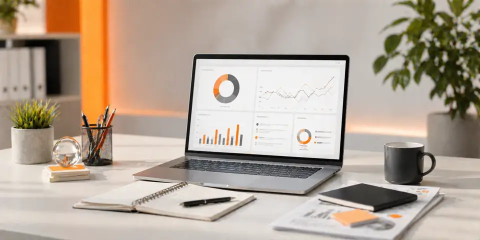 modern laptop workspace showing digital marketing analytics dashboard for consulting growth strategy
