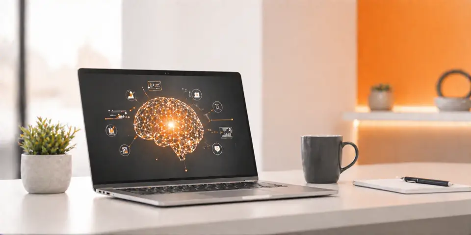 modern laptop workspace showing AI analytics dashboard for consulting services strategy