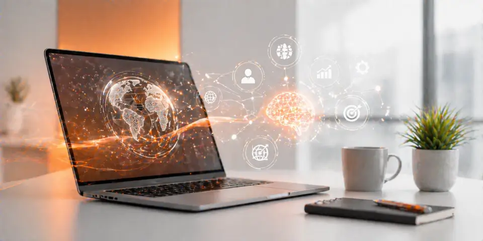modern laptop workspace showing AI consulting transformation analytics and innovation dashboard