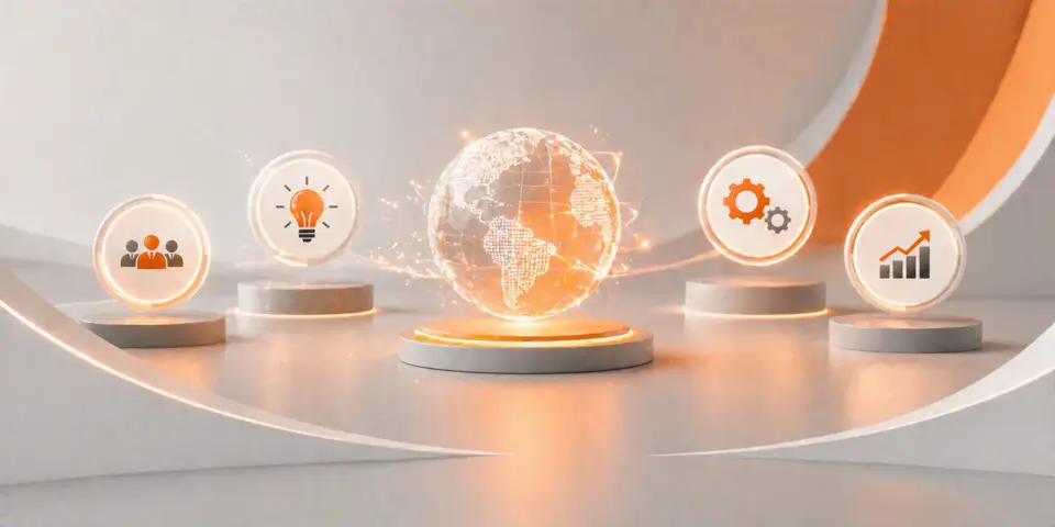 minimal abstract AI icons representing consulting innovation and business transformation