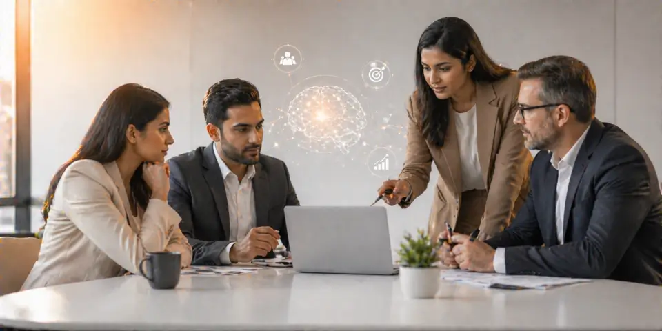 consulting team collaborating on AI strategy for business transformation and innovation growth