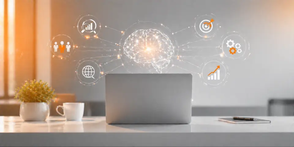 modern laptop workspace showing AI consulting analytics dashboard and strategic business intelligence