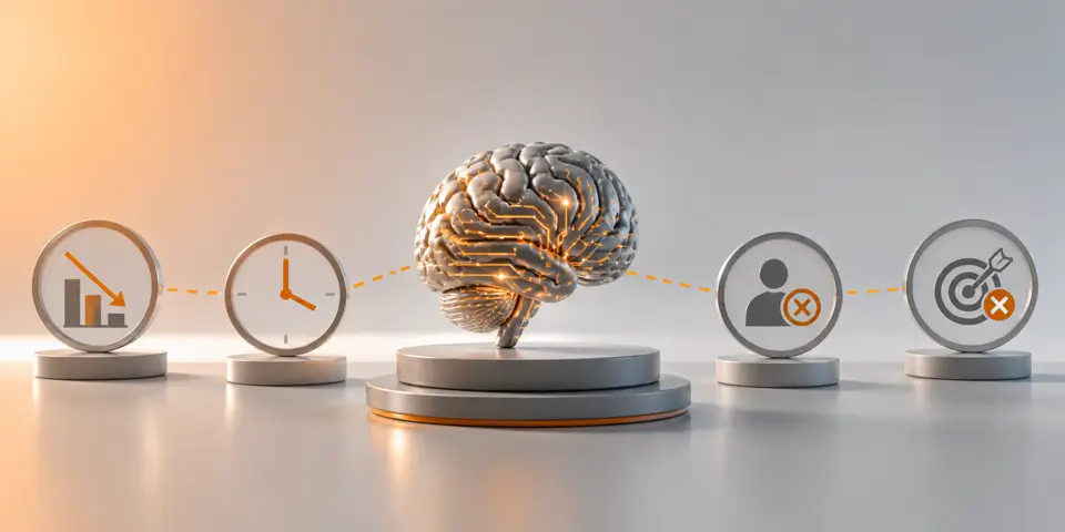 minimal abstract AI icons representing delayed adoption, slow growth, and consulting business challenges