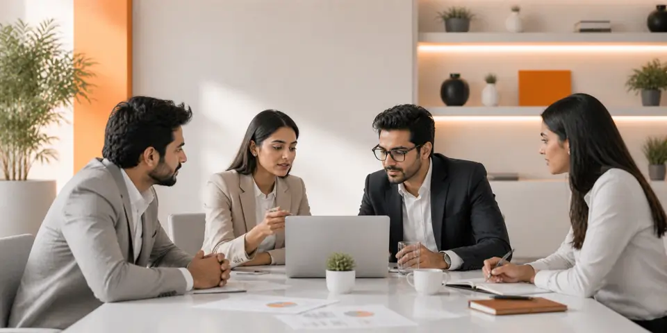 consulting team discussing AI trends for strategic insights and sustainable business growth