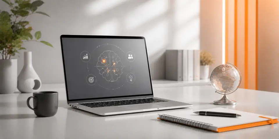 modern laptop workspace showing AI consulting trends analytics and strategic insights dashboard
