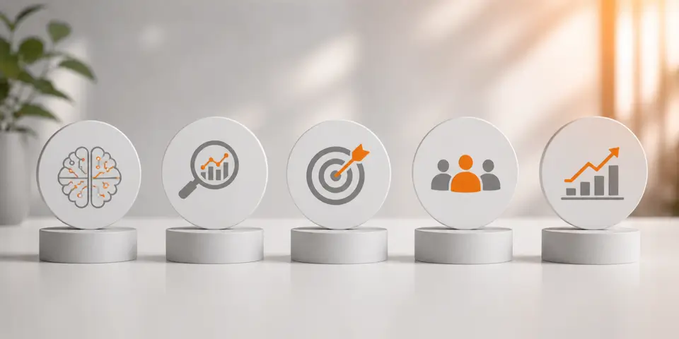 minimal abstract AI icons representing consulting trends innovation and sustainable business growth