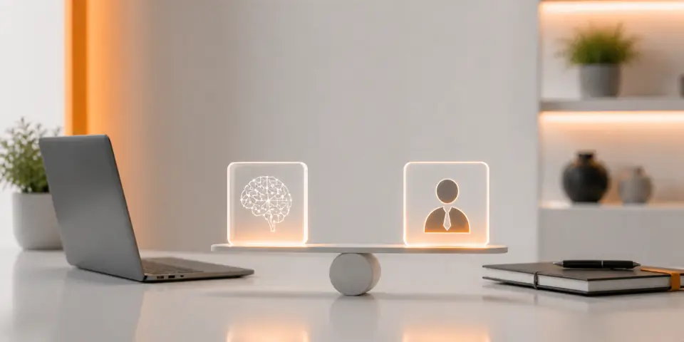 modern laptop workspace showing AI tools and human expertise comparison in consulting analytics