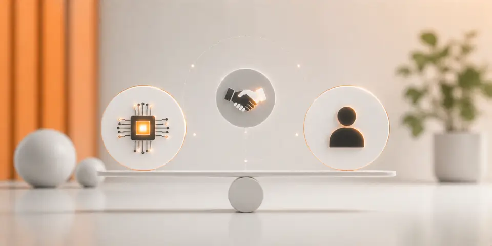 minimal abstract icons showing AI and human expertise balance in consulting strategies