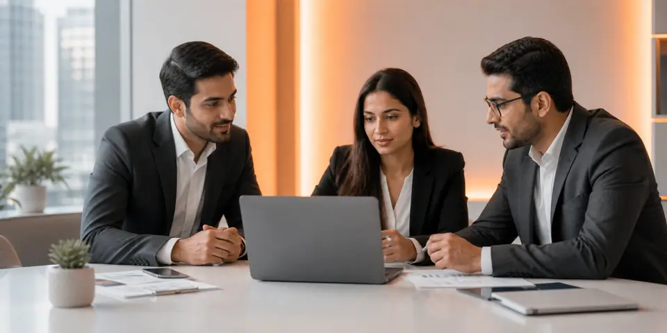 consulting team collaborating on future artificial intelligence strategies for business conversions and growth