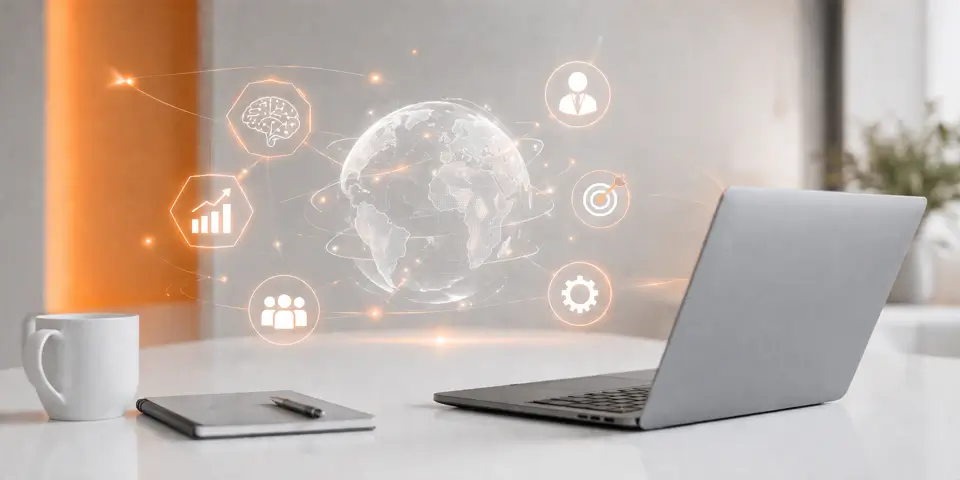 modern laptop workspace showing future AI consulting analytics and business conversion insights
