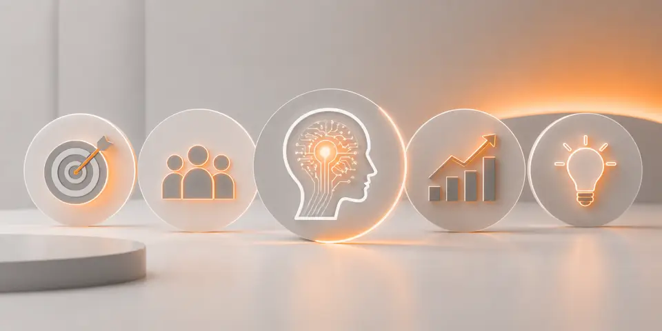 minimal abstract AI icons representing consulting innovation automation and business conversion growth