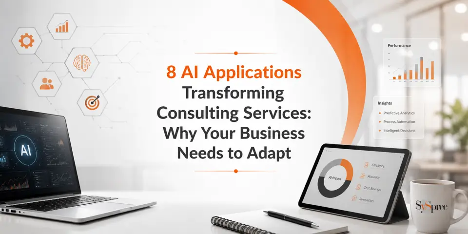 8 AI applications transforming consulting services with modern AI business technology visuals