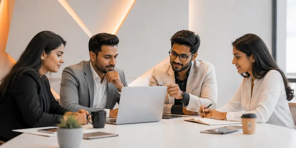 Consulting team collaborating with AI-driven business strategies in a modern office