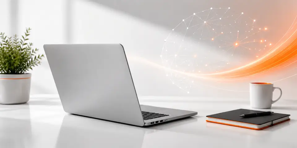 Modern AI consulting workspace with laptop and futuristic technology elements