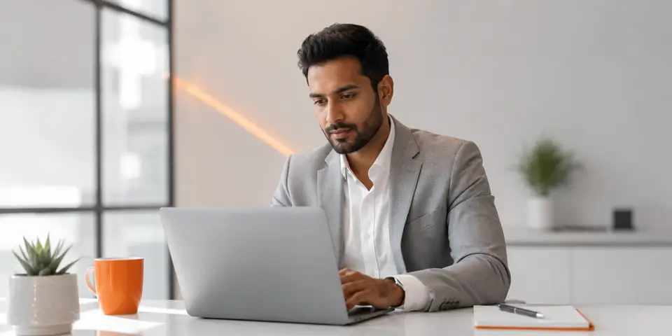 Professional consultant using AI technology in a modern office workspace