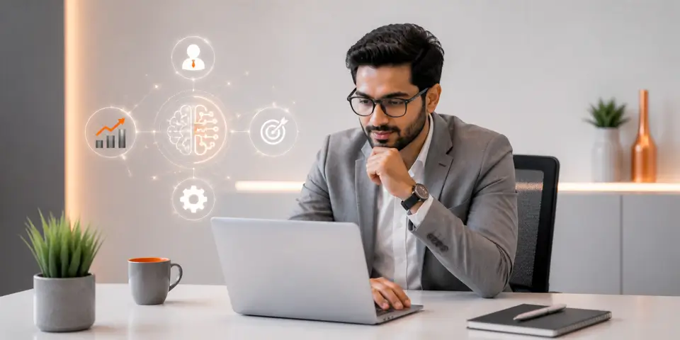 Business professional leveraging AI technology in a modern consulting office