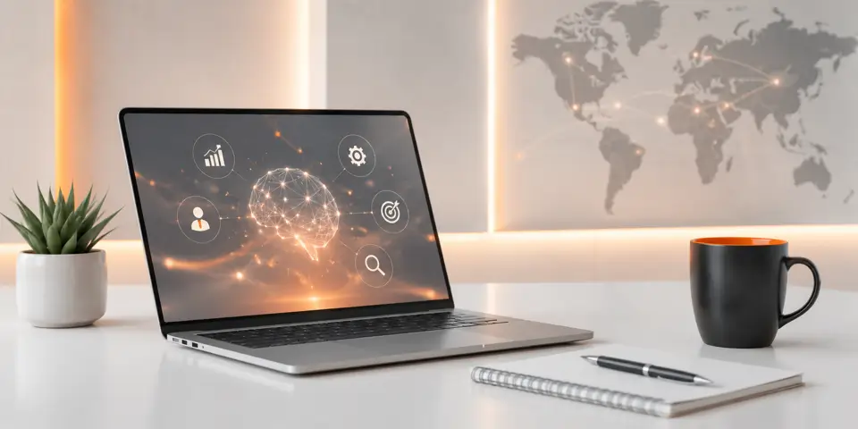 Modern AI consulting workspace with laptop and global digital transformation visuals
