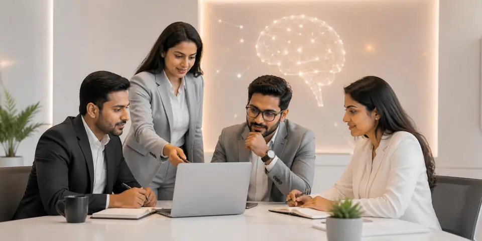 Consulting professionals collaborating with AI-powered business strategies in modern workspace