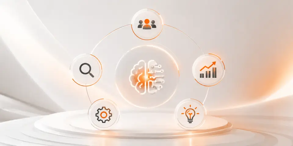 Minimal AI consulting innovation icons with futuristic abstract business design