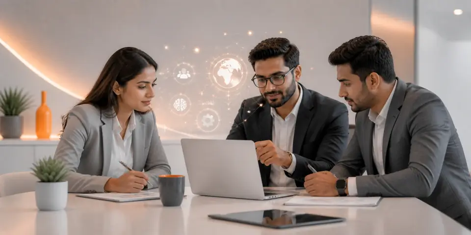 Consulting team collaborating on AI-powered business transformation strategies