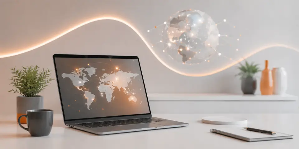 Modern AI consulting workspace with laptop and global connectivity visuals