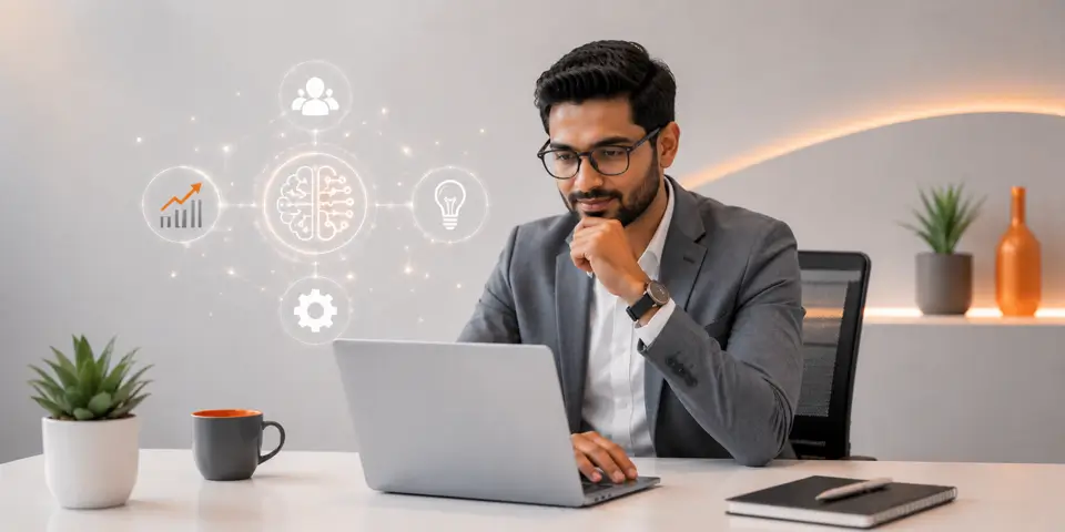 Business consultant leveraging AI technology in a modern office environment