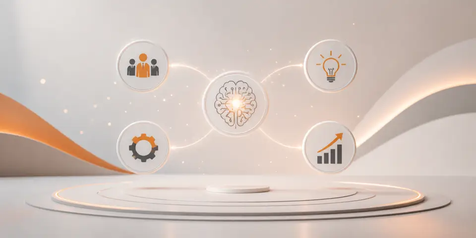 Minimal AI business transformation icons with futuristic consulting design