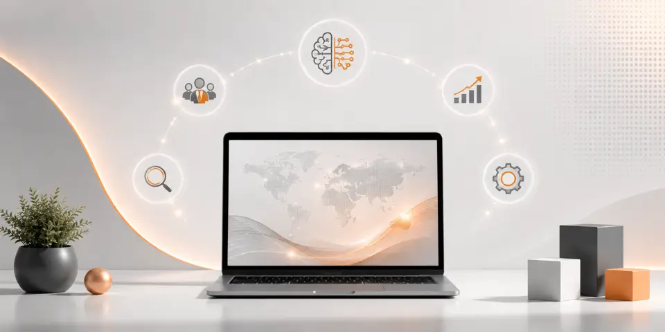 Modern AI consulting workspace with laptop and digital business analytics visuals