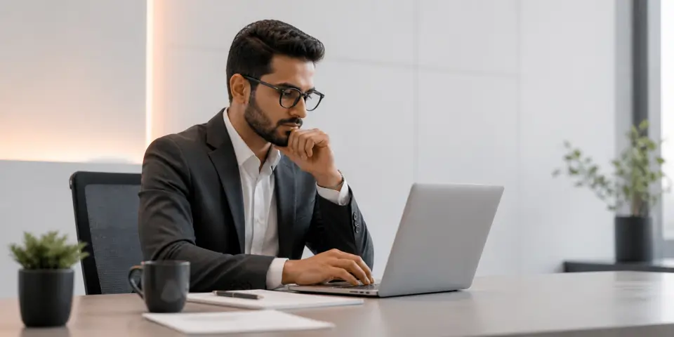 Business professional leveraging AI technology in a modern consulting office