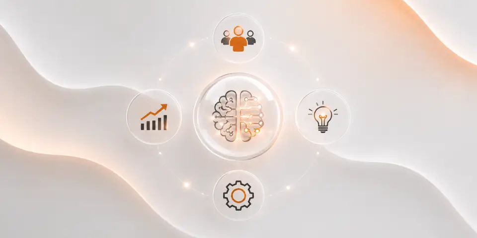Minimal AI consulting industry icons with futuristic business transformation design