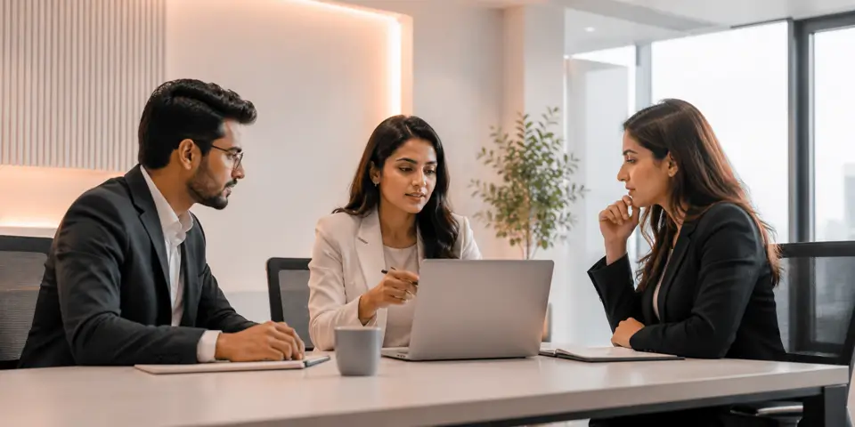 Consulting team collaborating on AI-powered business strategies in a modern office