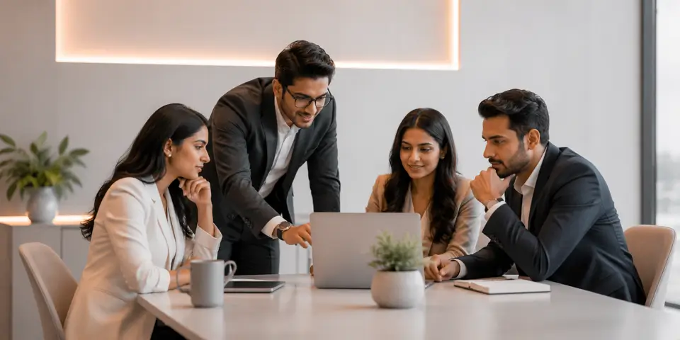 Consulting team discussing AI adoption strategies in a modern office environment