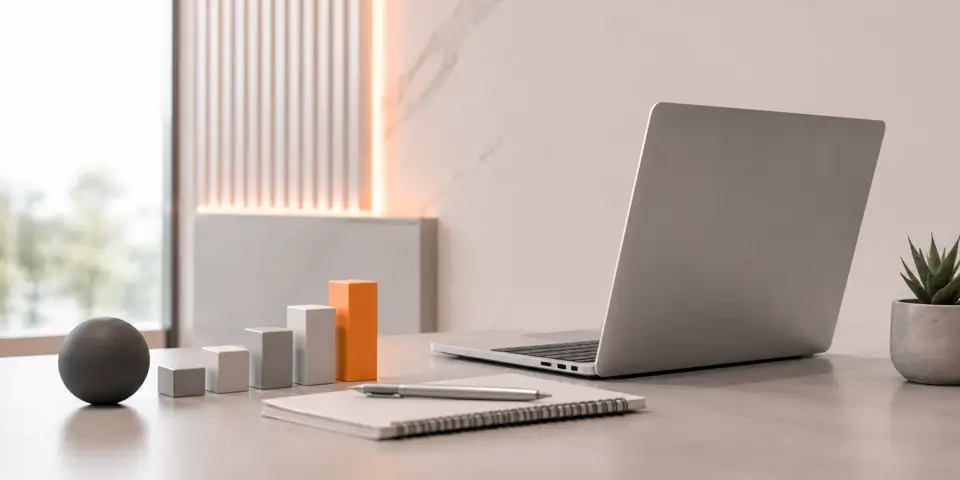 Modern consulting workspace with laptop and business growth visuals