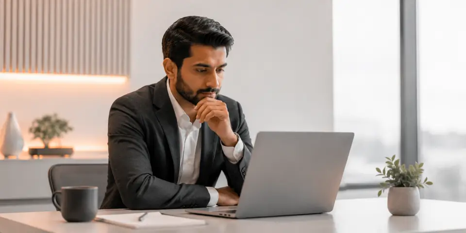 Business consultant reflecting on AI adoption challenges in a modern office