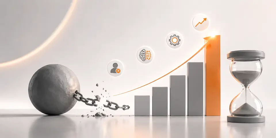 Minimal AI adoption and business growth barrier concept with abstract icons