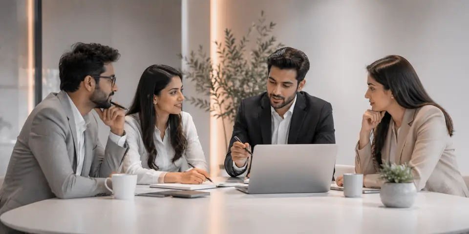 Consulting team collaborating on AI trends and sustainable business growth strategies