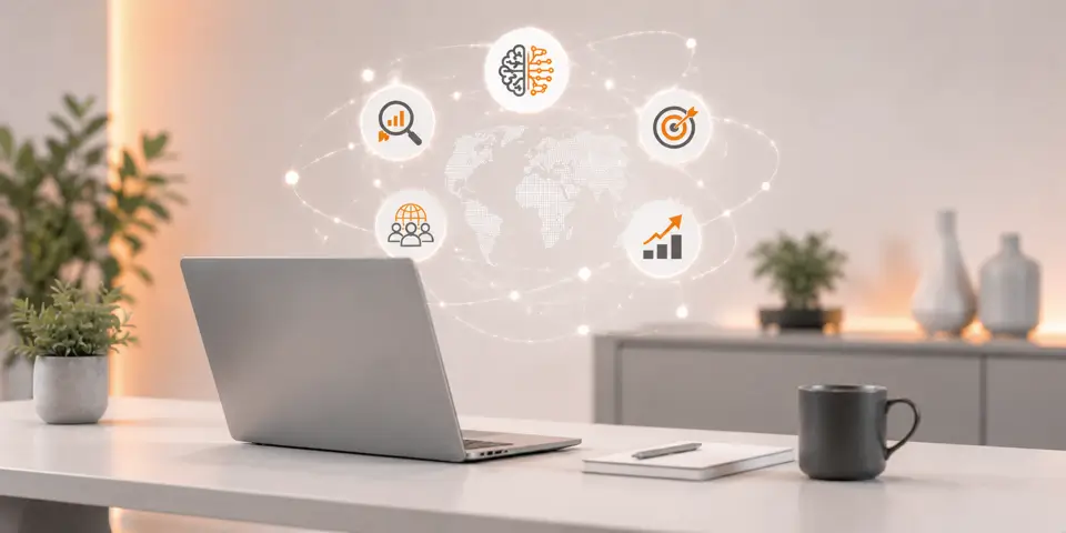Modern consulting workspace with laptop and AI-driven business trend visuals