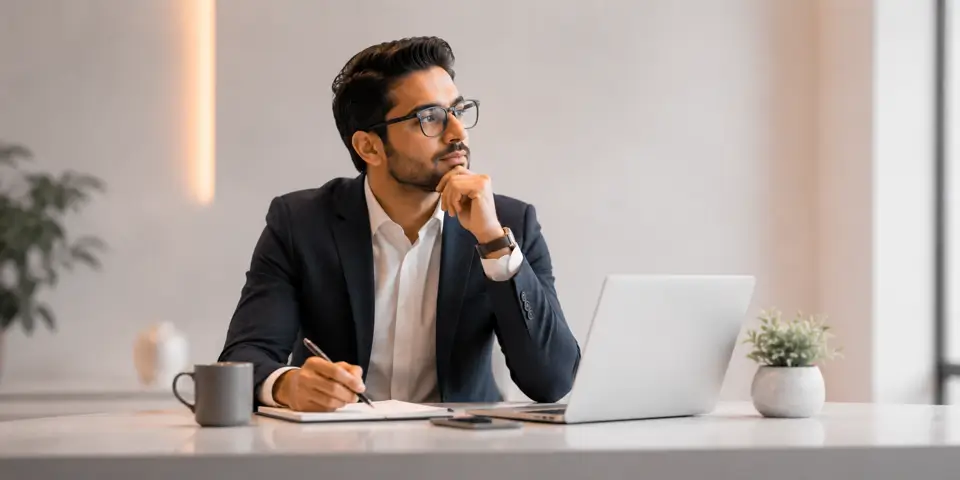 Business consultant analyzing AI trends and strategic growth opportunities in a modern office