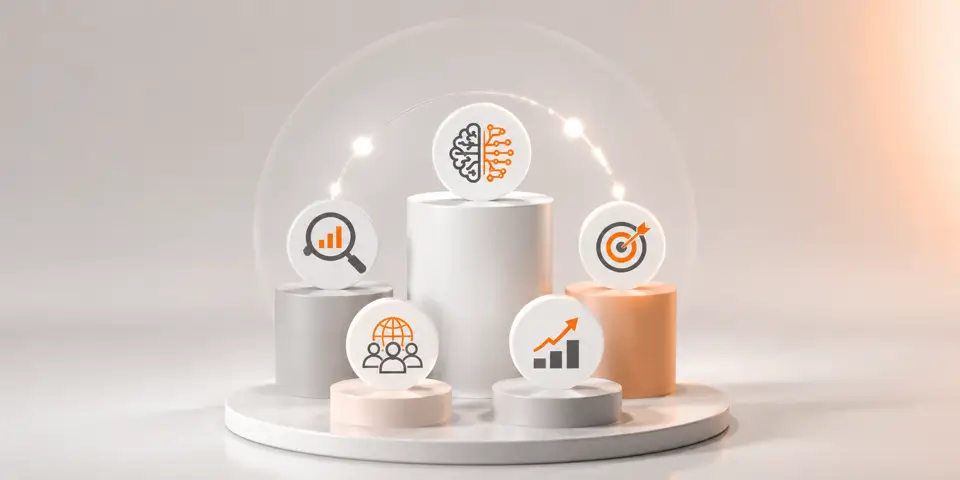 Minimal AI consulting trend icons with futuristic business strategy design