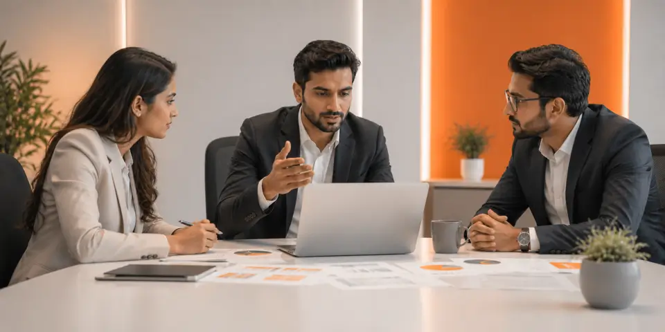Consulting team collaborating with AI-driven business strategies in a modern office