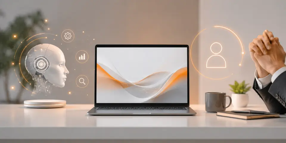 Modern consulting workspace showing AI technology and human decision-making elements