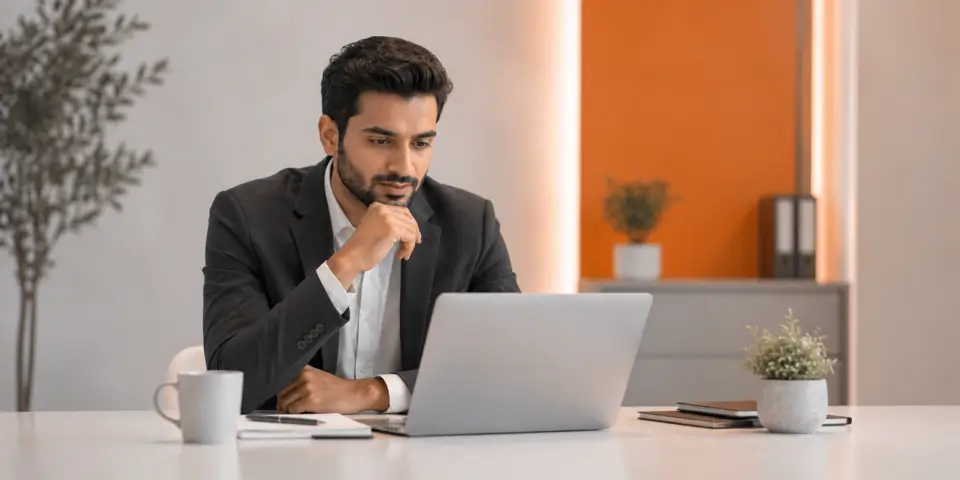 Business consultant analyzing AI-powered insights in a modern office environment