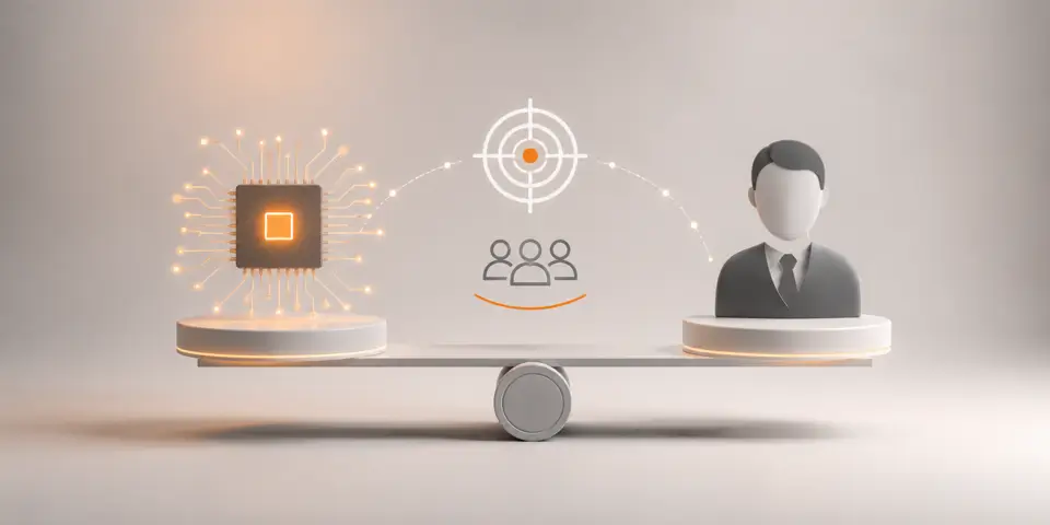Minimal AI and human expertise balance concept with futuristic business icons