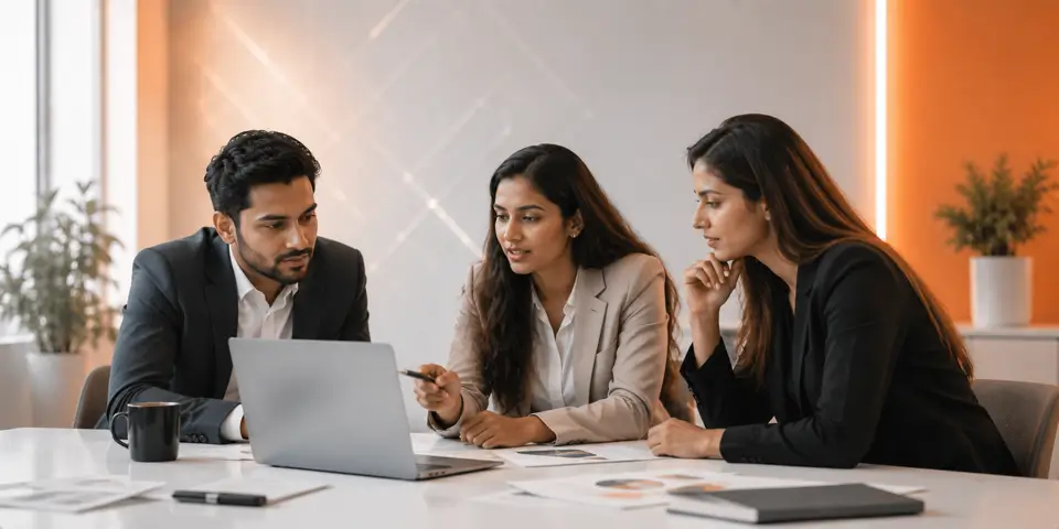Consulting team collaborating on AI-powered business conversion strategies in a modern office
