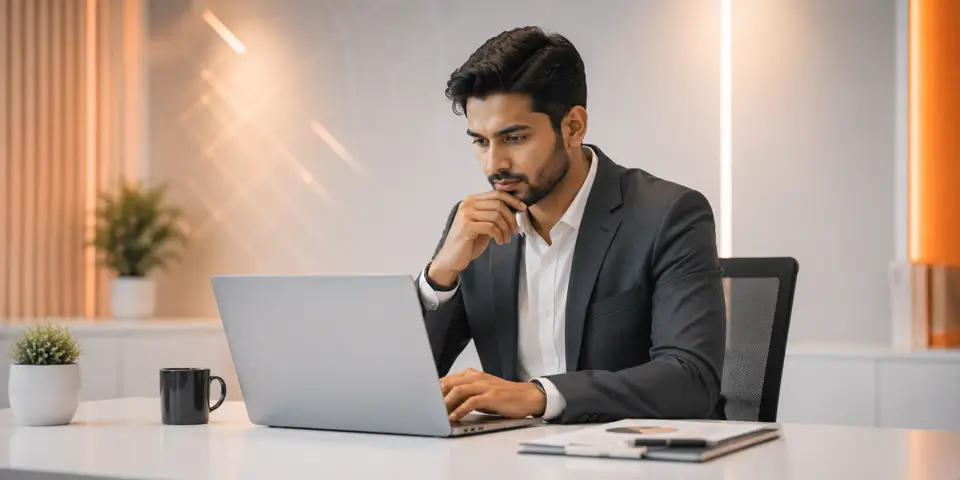Business consultant using AI-powered tools in a modern office environment
