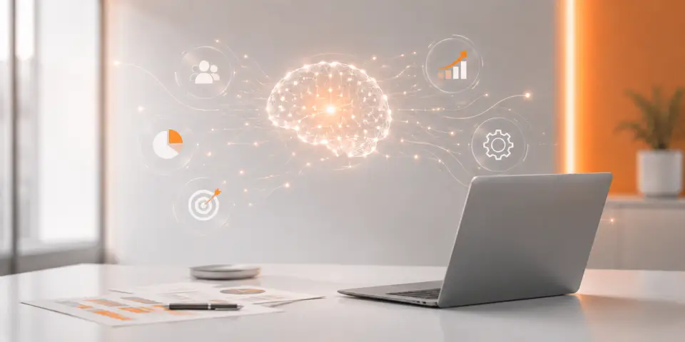 Modern AI consulting workspace with laptop and digital business analytics visuals