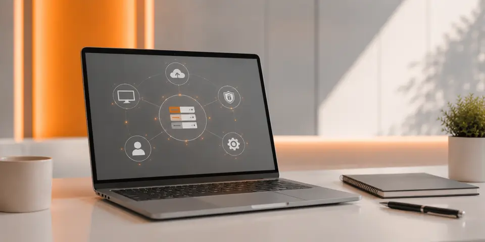 Modern consulting workspace with laptop displaying IT infrastructure and network systems