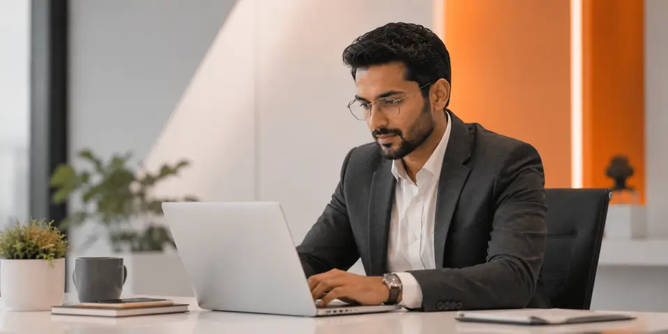 Business consultant working on secure IT systems in a modern office environment